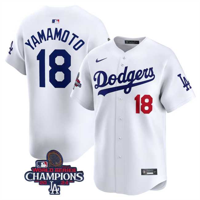 Men%27s Los Angeles Dodgers #18 Yoshinobu Yamamoto White 2024 World Series Champions Home Limited Stitched Baseball Jersey